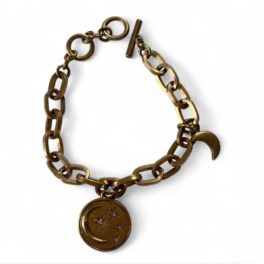 J.Crew Gold Tone Celestial Coin Charm Bracelet Moon Star Toggle Chain - Picture 3 of 5